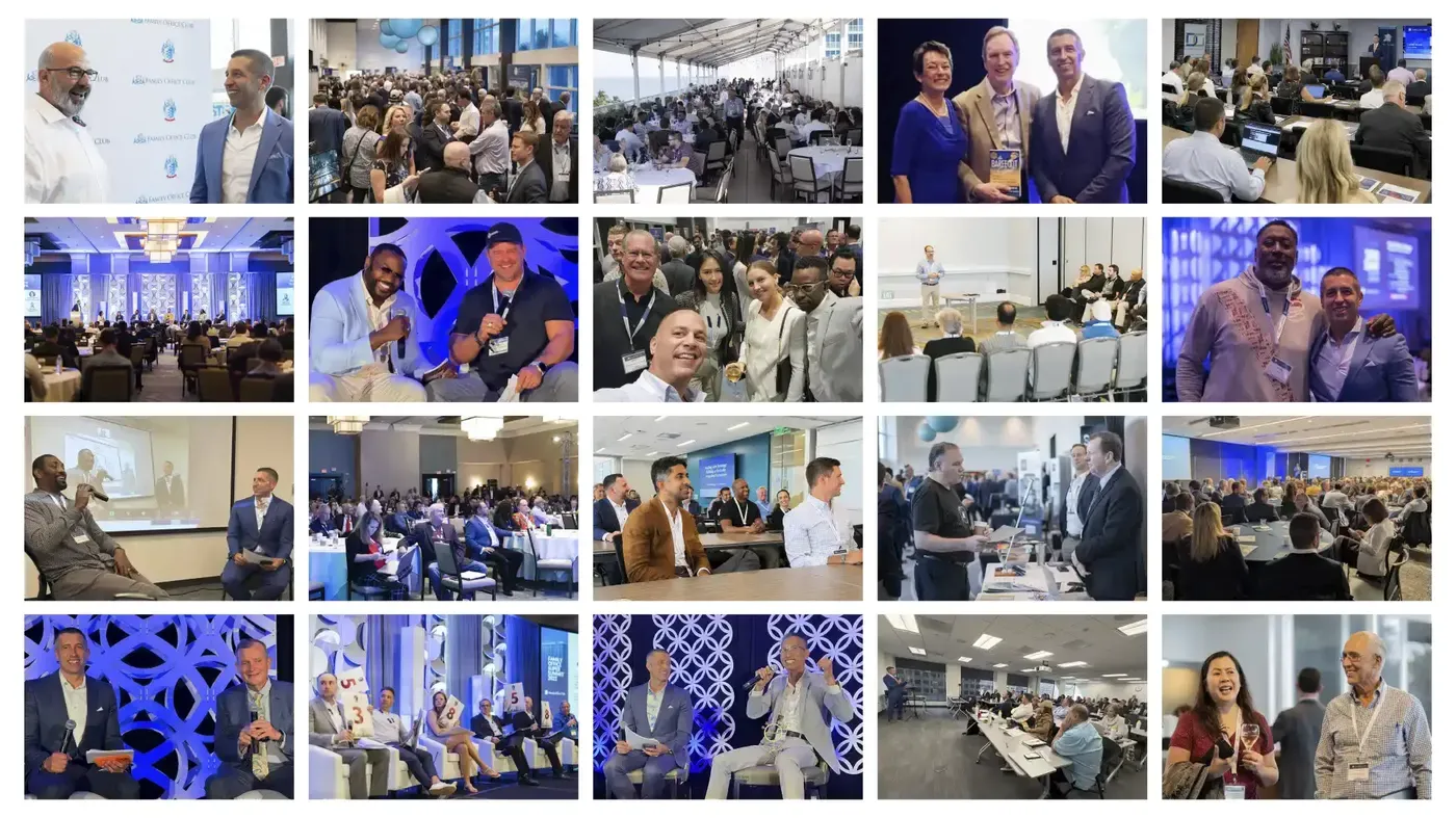 Collage of photos from Family Office Club investor events, panels and fireside chats
