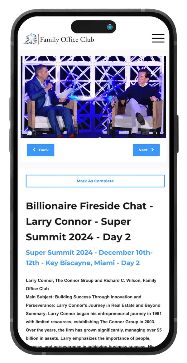 Phone showing the Family Office Club portal playing a billionaire fireside chat with Larry Connor