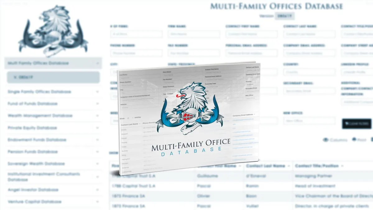 Multi-Family Office Database product mockup over the database portal